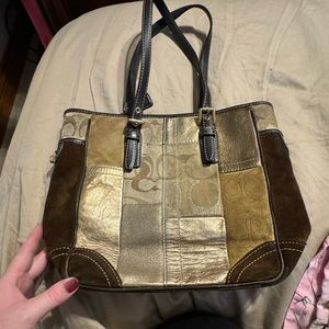 Coach Patchwork Shoulder Bag - Gold and Brown